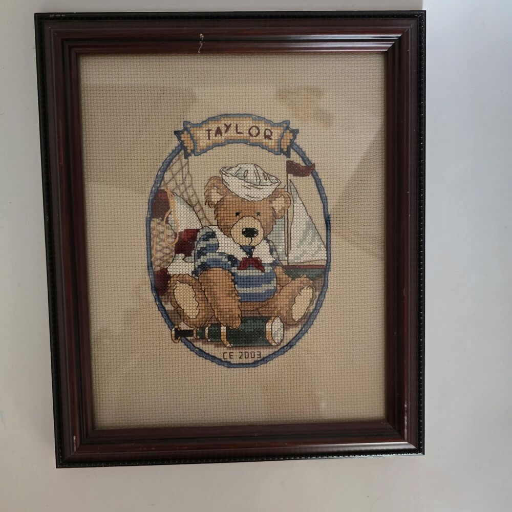 Framed Cross Stitch Teddy Bear Sailor Design "Taylor" CE 2003